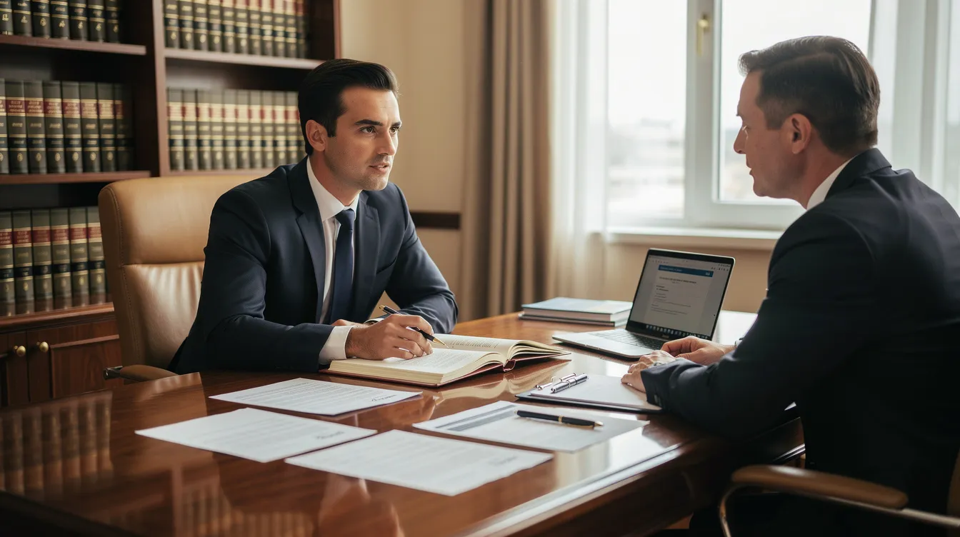 A dedicated domestic violence lawyer sits at a law office desk, reviewing important documents with a client, who appears concerned. The atmosphere suggests a serious discussion about the legal process and potential consequences related to domestic violence charges.