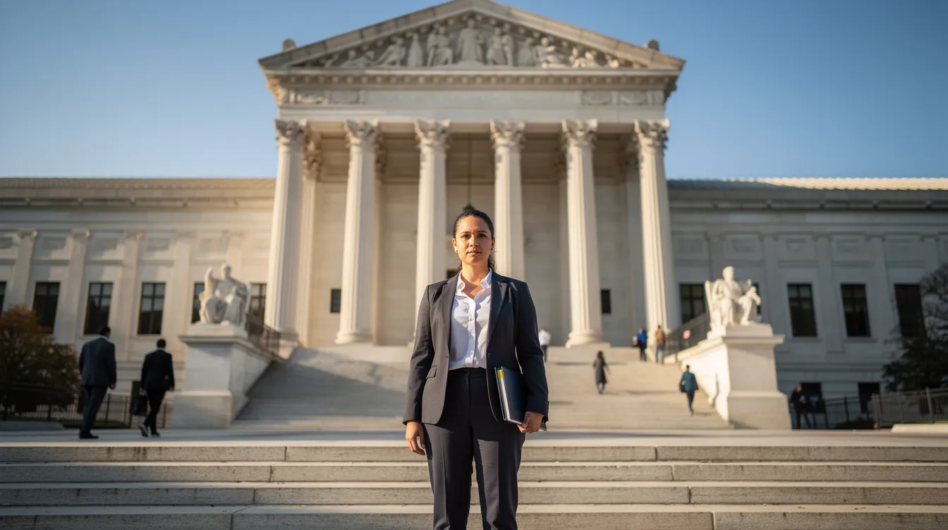 A person stands outside a courthouse, appearing contemplative as they prepare to navigate the legal process related to domestic violence charges. The setting emphasizes the gravity of the situation, highlighting the importance of having a dedicated domestic violence lawyer to protect their rights and future.