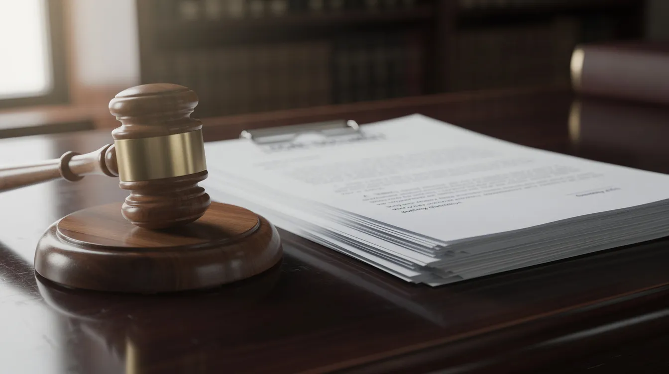 The image features a gavel resting on a stack of legal documents on a desk, symbolizing the legal process involved in domestic violence cases. This scene represents the serious nature of domestic violence charges and the importance of having a dedicated domestic violence lawyer to navigate the complexities of criminal law.