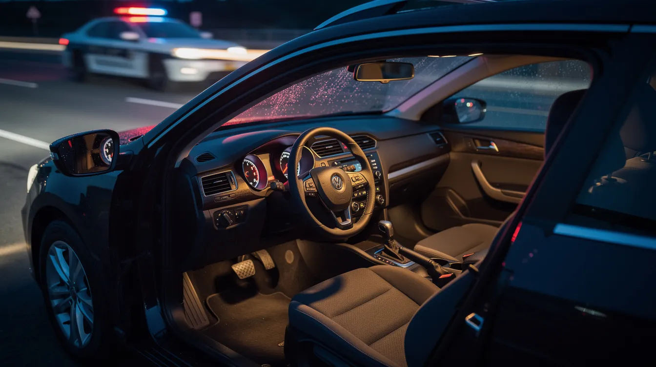 The image shows the interior of a car as viewed from outside during a roadside stop, highlighting the potential for law enforcement to discover drug paraphernalia or controlled substances, which can lead to serious drug possession charges. This scene underscores the importance of having an experienced criminal defense lawyer to navigate the legal process and protect one's constitutional rights in Florida.