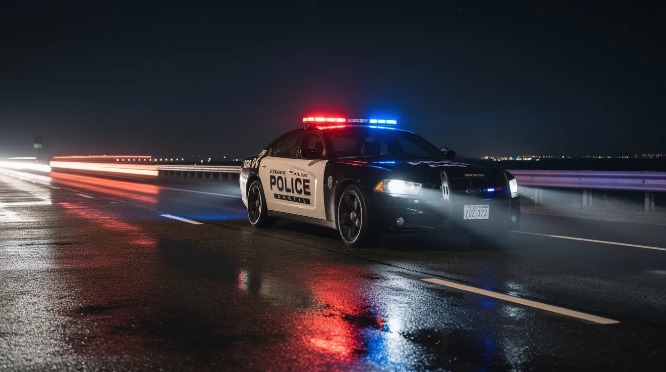 The image shows a police car with its flashing lights activated, parked on a highway at night, signaling a law enforcement presence. This scene may relate to serious drug charges, emphasizing the need for an experienced criminal defense lawyer to navigate the legal process and ensure constitutional rights are upheld.