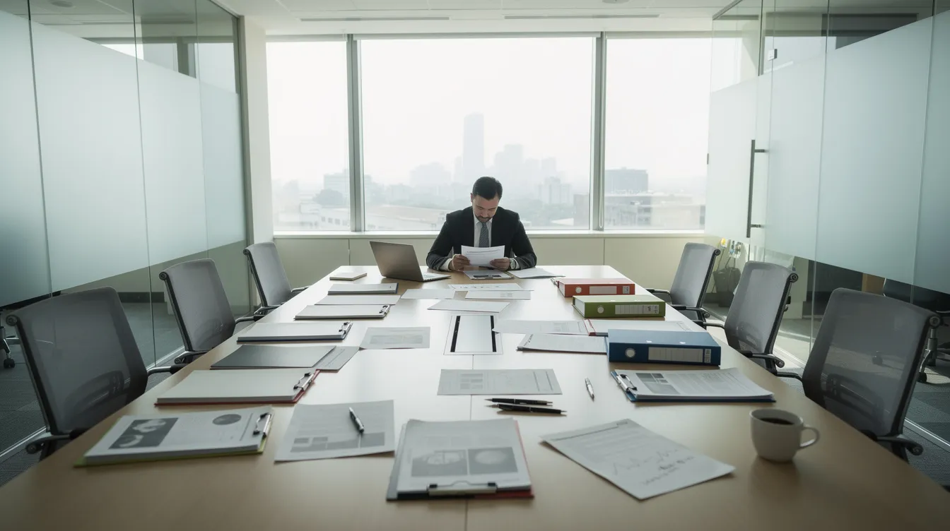 A professional is intently reviewing various documents and folders spread across a conference table, likely related to DUI cases and criminal defense strategies. The setting suggests a serious discussion about legal matters, potentially involving DUI charges and the implications of Florida law.