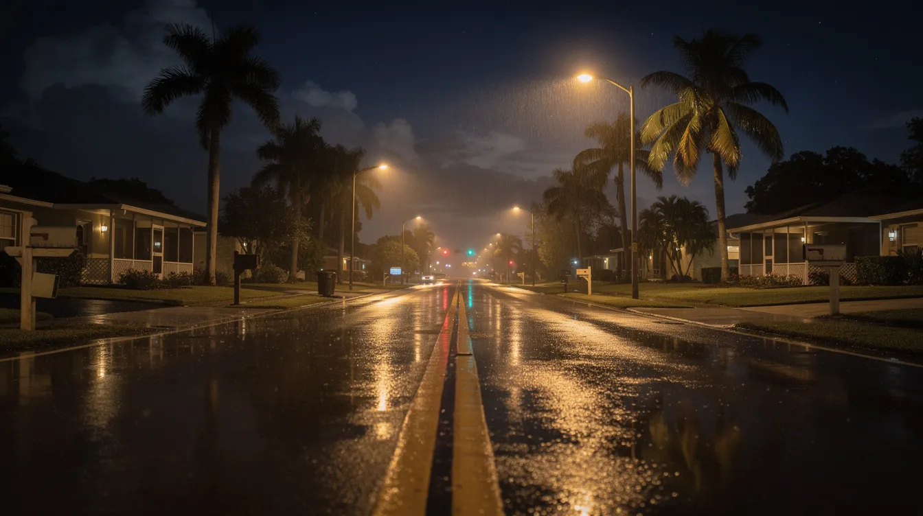 The image depicts a tranquil suburban road in Florida during the night, with streetlights casting a warm glow on the wet pavement, creating a reflective surface. This serene scene contrasts with the serious implications of DUI offenses, highlighting the importance of responsible driving to avoid DUI charges and potential legal consequences.