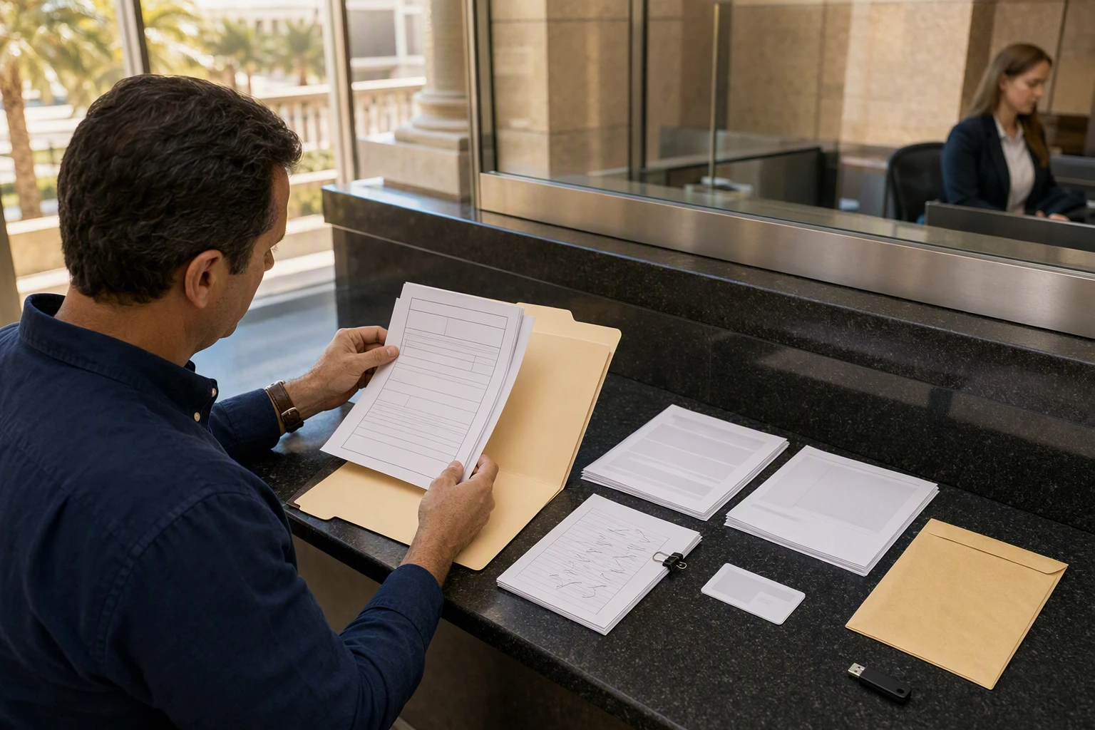 Florida motorist organizing legal documents at courthouse counter