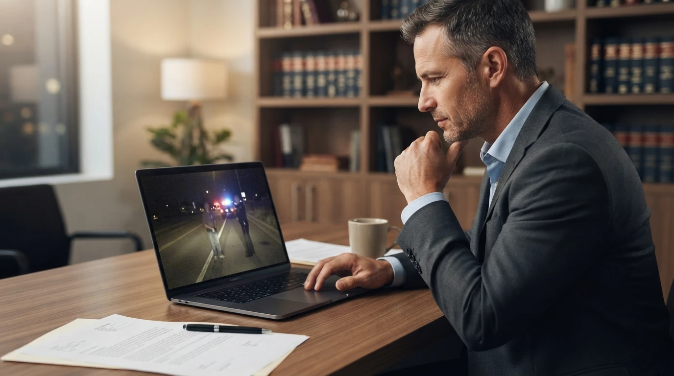 Attorney reviewing roadside footage on laptop